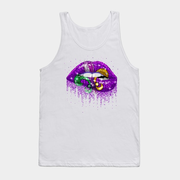 Womens Mardi Gras Carnival Costume Purple & Gold Fleur-De-Lis Lips Tank Top by artbyhintze